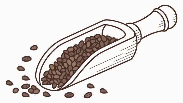 Hand-drawn vector illustration featuring a rustic wooden scoop filled with tiny, healthy flax seeds, with some scattered around, symbolizing natural nutrition and wholesome culinary ingredients