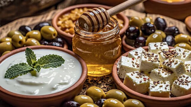 Mediterranean platter featuring assorted olives, cheeses, yogurt, honey, and nuts