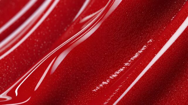 Glossy red paint texture with sparkling glitter lip gloss, 4k video.