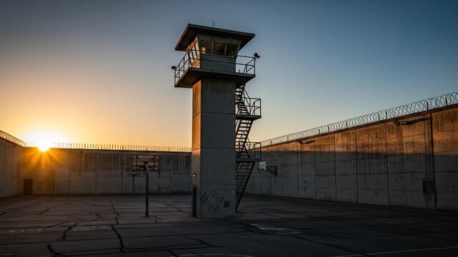 Prison Guard Tower Overlooks Exercise Yard at Dawn