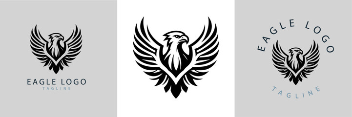 Obraz premium Modern minimalist black eagle logo set with spread wings, shield shape, circular badge, typography placeholder, professional brand identity design templates