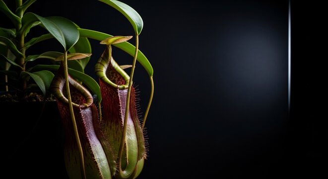 Intimate view of a carnivorous nepenthes pitcher plant with reddish-green traps