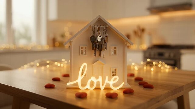 Romantic Love Neon Sign with a House and Rose Petals on Table.