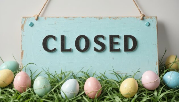 Rustic "Closed" sign with colorful pastel Easter eggs in green grass, holiday concept.