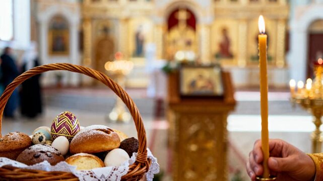 Orthodox Easter celebration in a church. Hand holding a lit candle near a basket with traditional Easter bread and painted eggs. Religious blessing of food ceremony