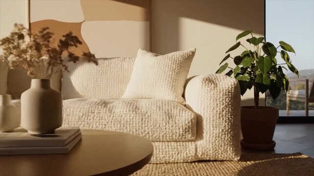 Serene living room scene with sofa, pillows, plants, and coffee table, illuminated by natural light from the window