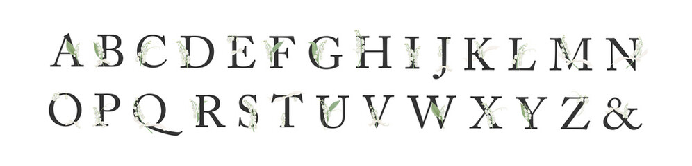 Watercolor Lily of the Valley black Alphabet Set: Elegant  Letters with Floral Details-300dpi-The font is Adobe Caslon Pro. © URU