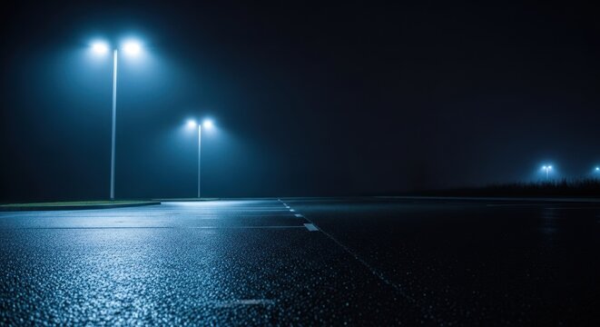 Dimly lit empty lot at night with glowing streetlights reflecting on wet asphalt
