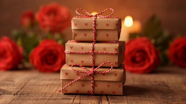 Beautiful stacked gifts with red roses and a candle in the background.