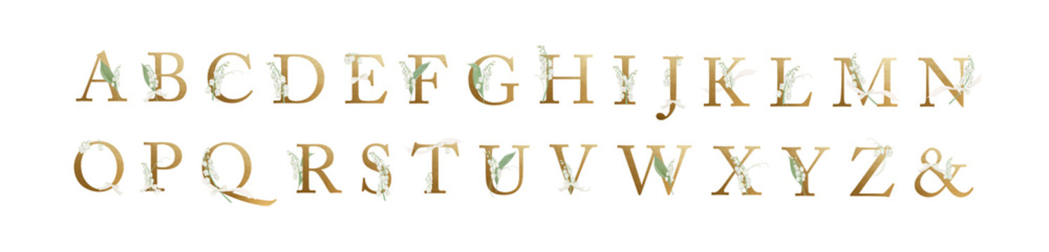 Watercolor Lily of the Valley Gold Alphabet Set: Elegant Glitter Letters with Floral Details-300dpi-The font is Adobe Caslon Pro.