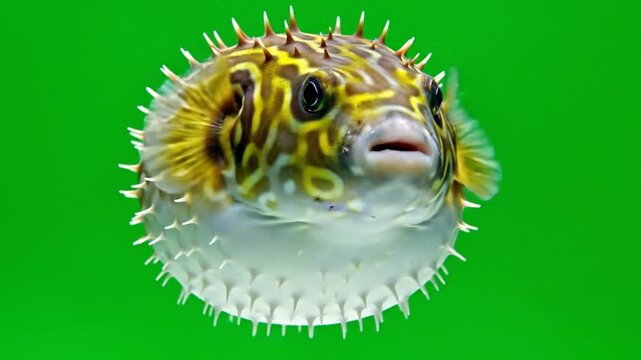 A close-up shot of a spiky pufferfish, inflated and swimming, against a vibrant green background.