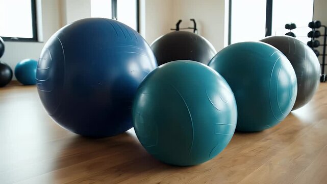 A row of colorful exercise balls in a fitness studio. The balls are arranged on a wooden floor