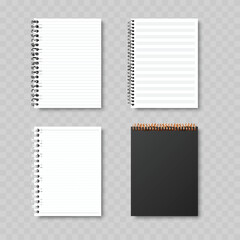 Realistic Spiral Notebook Mockup Set. Vector Lined, Grid and Squared Notepad Templates with Wire Binding.