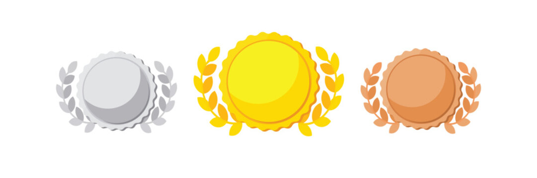 Set of three award medals in gold, silver, bronze on isolated on transparent background with flat design