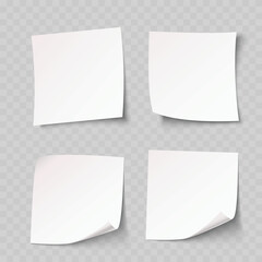 Realistic White Sticky Note Mockup Set. Vector Blank Memo Paper Sticker Template with Curled Corners.