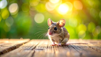 A Tiny Mouse Sits on a Wooden Surface in the Sunlight.