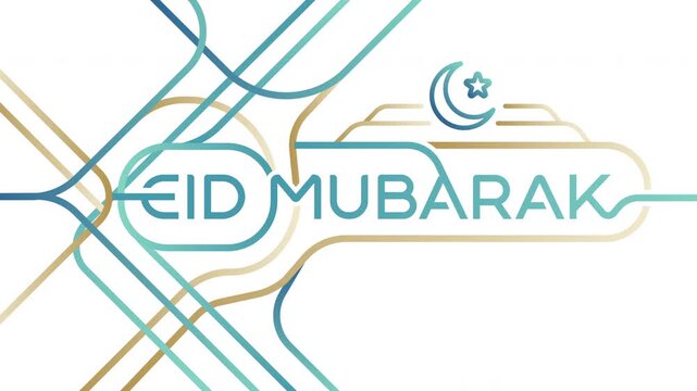 Elegant vector illustration for Eid Mubarak featuring contemporary linear typography, a crescent moon, and star. Abstract gold and blue gradient lines frame the modern Islamic festive greeting.
