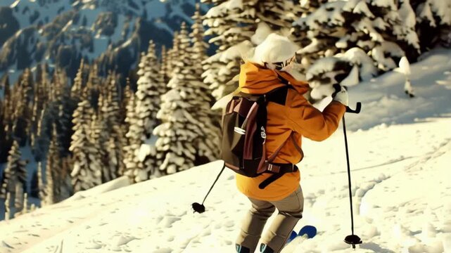 Older woman enjoys winter mountain views while wearing ski gear and goggles