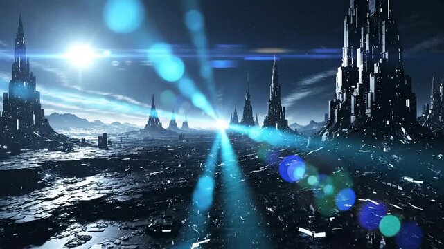 futuristic city skyline at night, alien planet, sci-fi landscape