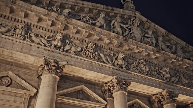 A detailed architectural facade with sculptures and columns at night, capturing the stone detail