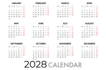 Calendar planner for 2028 Week Starts Monday. Simple Vector Template eps 10.