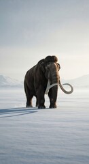 Obraz premium Majestic woolly mammoth standing on a snowy landscape with misty mountains in the background