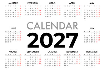 Calendar planner for 2027 Week Starts Monday. Simple Vector Template eps 10.