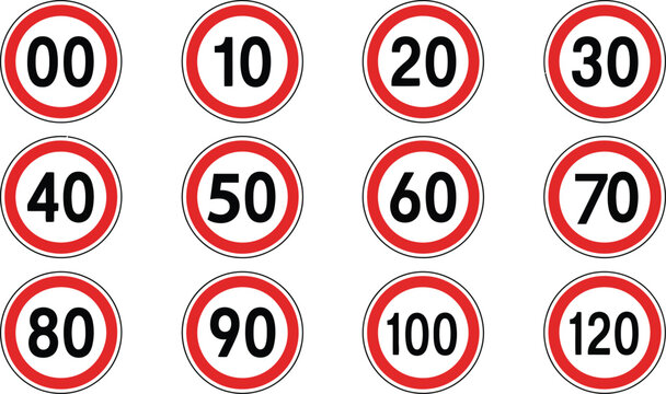 circular german speed limit signs displaying numbers from 00 to 120 primarily in red and white high-quality