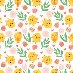 Fototapeta premium Cute Easter Seamless Pattern with Baby Chicks and Eggs Spring Holiday Background with Yellow Chicks Flowers and Hearts Easter Repeat Pattern Featuring Adorable Chicks and Decorated Eggs