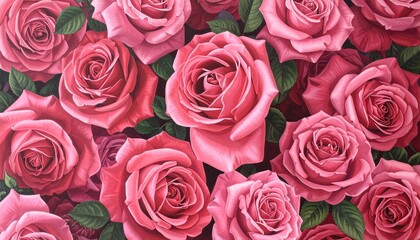 Obraz premium Abundant vibrant pink and red roses, lush green leaves