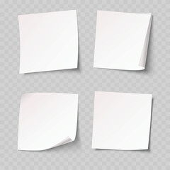 Realistic White Sticky Note Mockup Set. Vector Blank Memo Paper Sticker Template with Curled Corners.