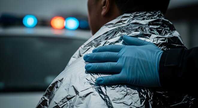Paramedic Hand Comforting Shocked Victim Wrapped in Silver Thermal Blanket at Emergency Scene