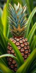 Juicy pineapple wearing a sparkly golden crown amidst lush green leaves, ||cartoon fruit, bright