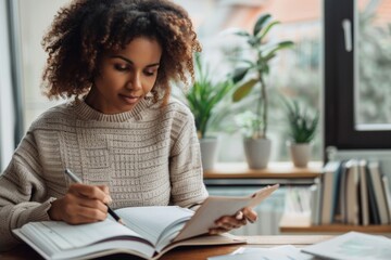 Young woman thoughtfully engaging in note-taking while studying at a cozy desk surrounded by houseplants and natural light creating a serene atmosphere. Generative AI
