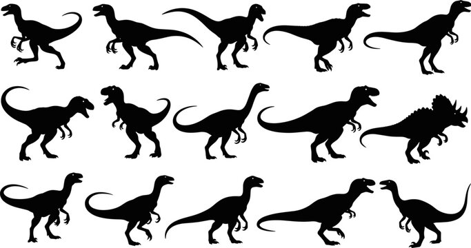 Dinosaur silhouettes vector set, prehistoric reptiles collection with theropods and carnivores, black isolated dinosaur shapes for design, logo, illustration, and education
