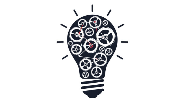 Creative silhouette of a lightbulb is filled with intricate interlocking gears and cogs representing innovation and ideas.