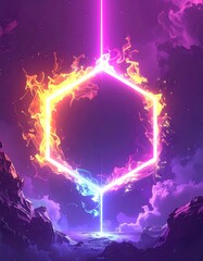 A vibrant, futuristic hexagonal portal emitting colorful energy