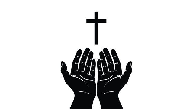 Black and white silhouette of two open hands raised in prayer or worship towards a Christian cross symbol against a white background.