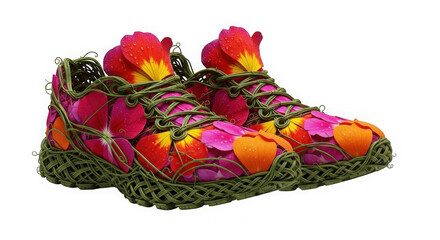 Creative pair of sneakers made from colorful flowers and green leaves isolated on transparent background