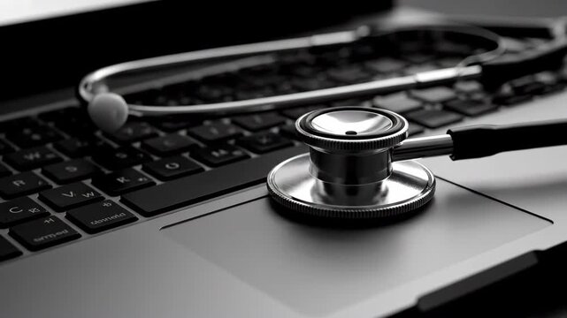 Close-up of a stethoscope placed on a laptop keyboard representing the intersection of healthcare and technology in modern diagnosis and research.