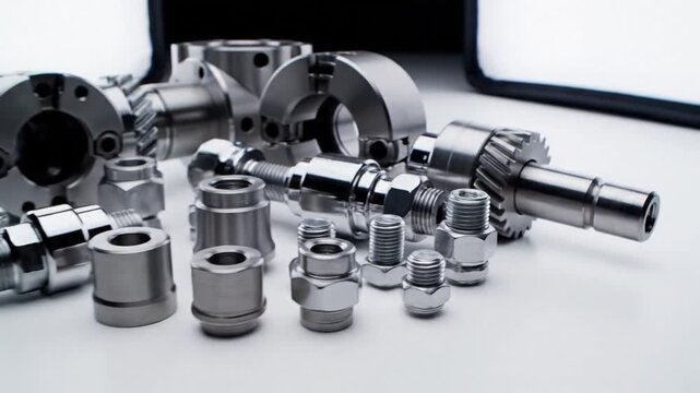 Machined industrial metal parts and high precision engineered steel components assortment on a clean white surface for mechanical manufacturing industry engineering and technical production