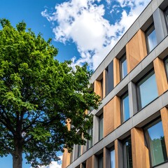 Modern architectural facade alongside lush green tree under a blue sky