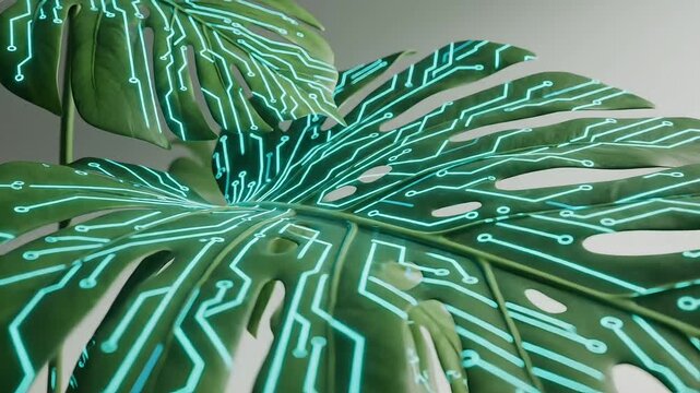 Vivid green monstera leaves intricately overlaid with glowing cyan digital circuit board patterns symbolizing nature technology integration and futuristic growth concepts.