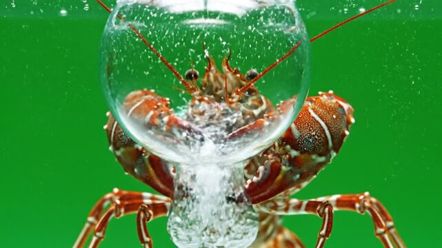 A vibrant close-up of a spiny lobster underwater, holding a clear glass sphere filled with effervescent bubbles against a bright green background.