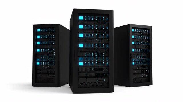 Three black server racks with illuminated blue lights are arranged on a clean white background, symbolizing technology and data storage.