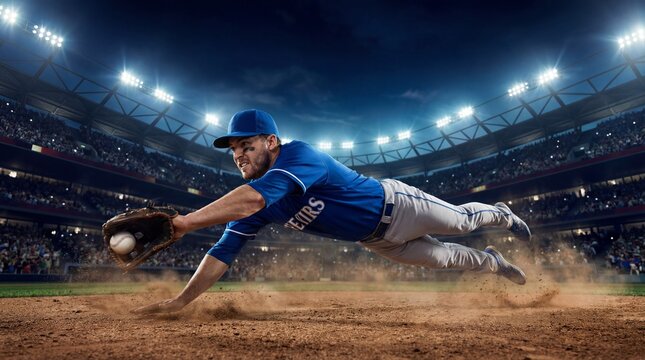 Professional Baseball Player Diving to Catch Ball in Stadium at Night