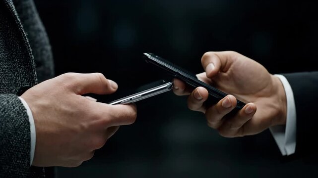Close up of two businessmen holding smartphones and interacting with their devices in a dimly lit office environment. Focus on hands and technology.