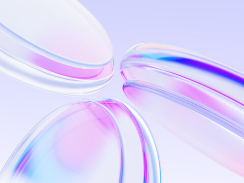 Holographic glass circle 3d shapes on pastel light background. Abstract bg with rainbow crystal plates, transparent circular discs with pink blue purple gradient and motion effect. 3D illustration