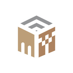 Modern Isometric Cube Logo With Architectural Elements In Brown And Gray