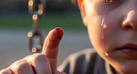 Naklejka premium Emotional close up of a child s finger with a small cut and tears on cheek at playground swing